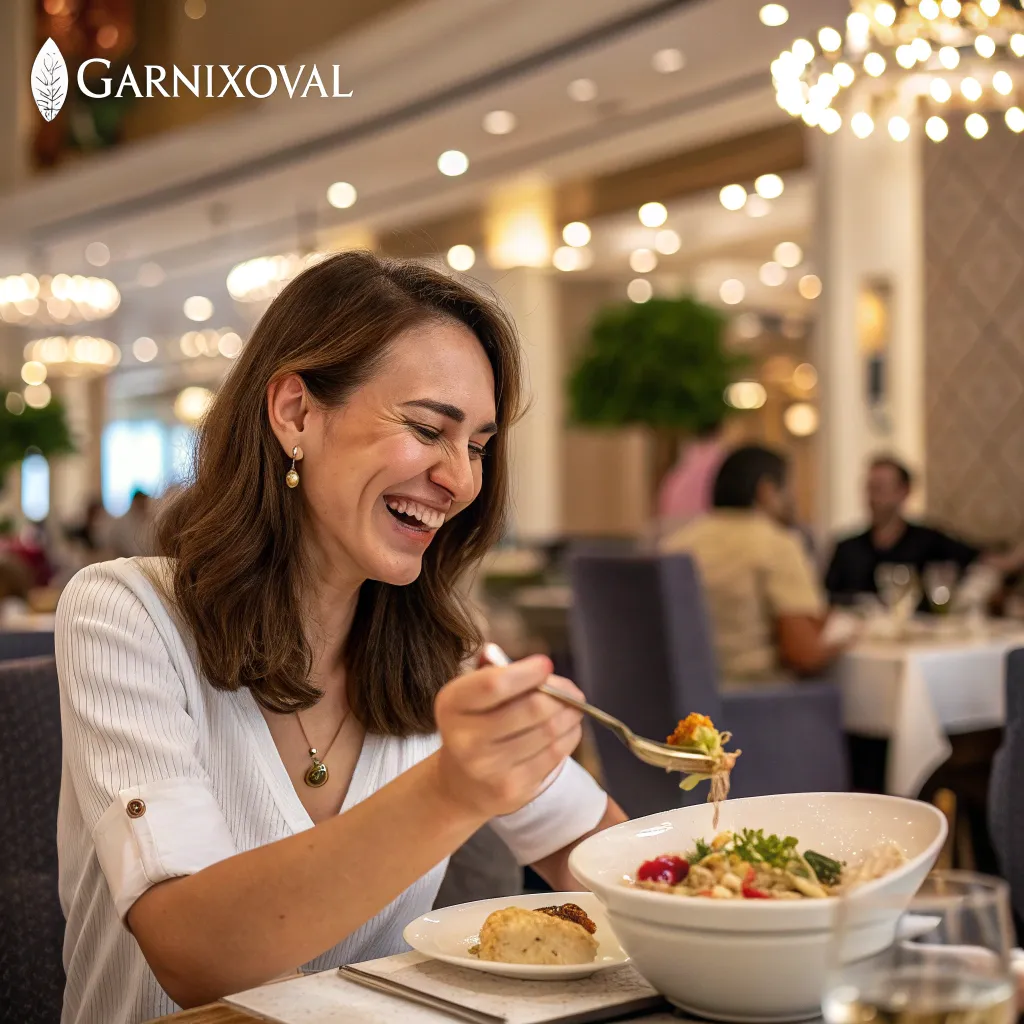 Smiling woman enjoying her meal at GARNIXOVAL