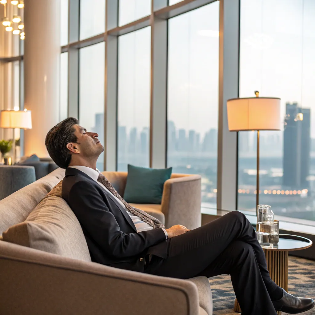 Businessman relaxing at GARNIXOVAL lounge area